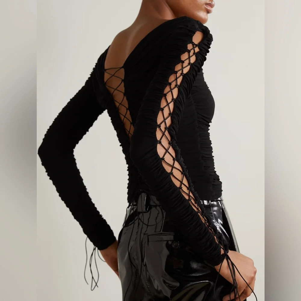 INTERIOR Kit ruched lace up stretch jersey top in black - Picture 6 of 6